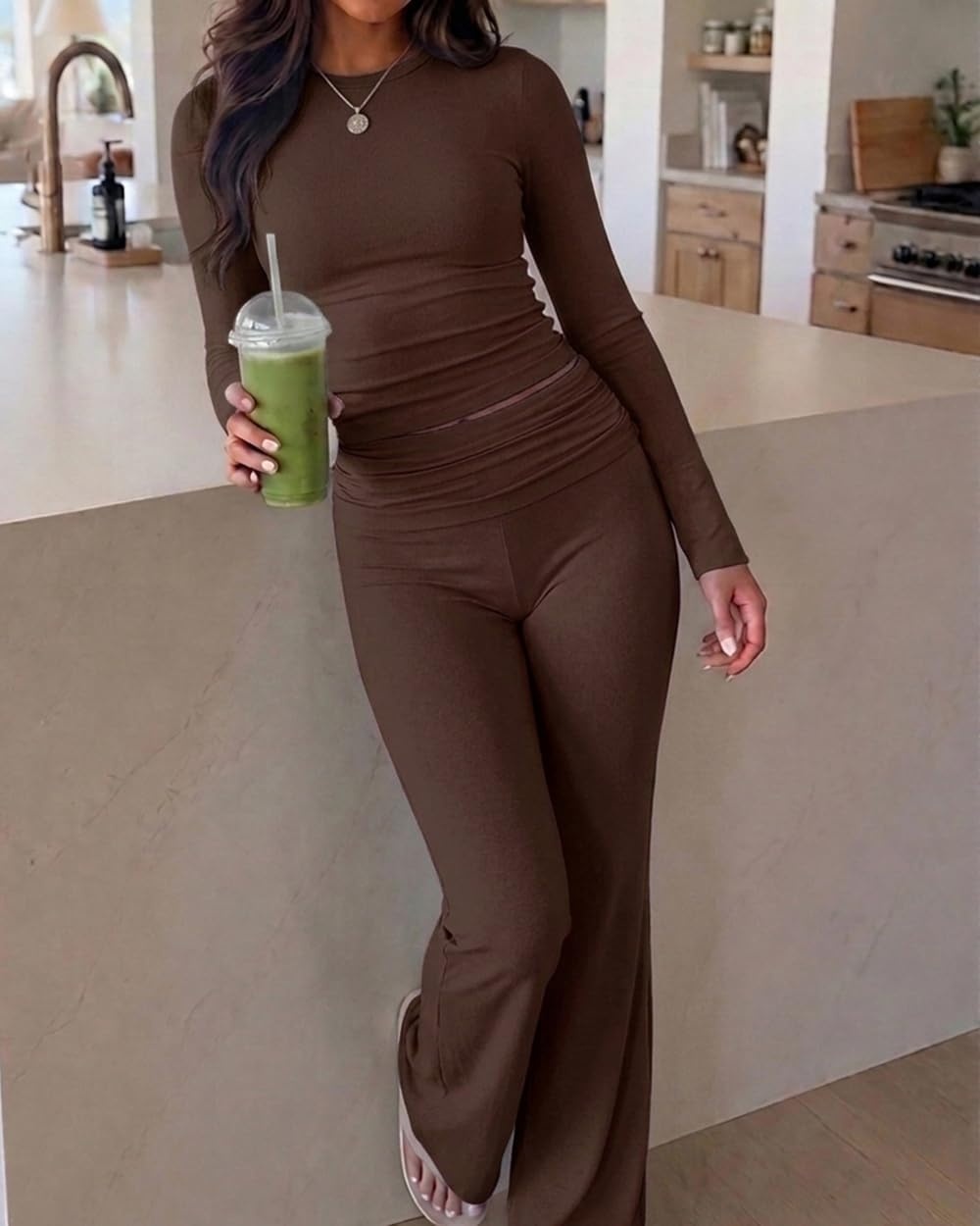 image:imageCHICME 2 Piece Sets for Women Long Sleeve Slim Fit Lounge OutfitCoffee