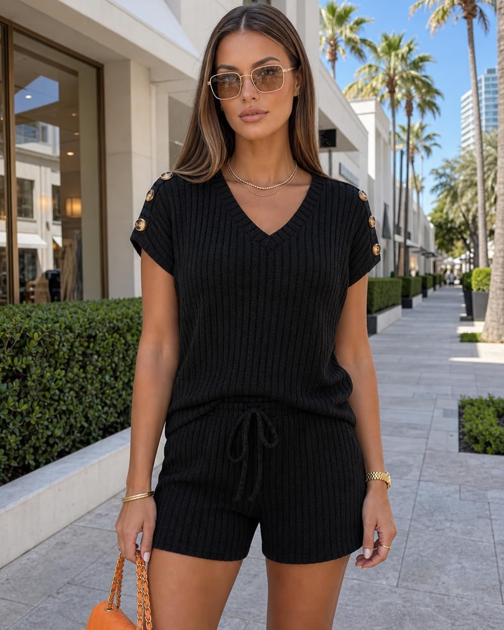 image:imageCHICME 2 Piece Short Sets for Women Ribbed Knit Lounge OutfitsBlack