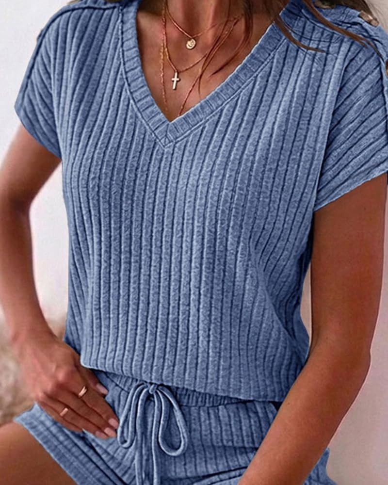 image:imageCHICME 2 Piece Short Sets for Women Ribbed Knit Lounge OutfitsBlue