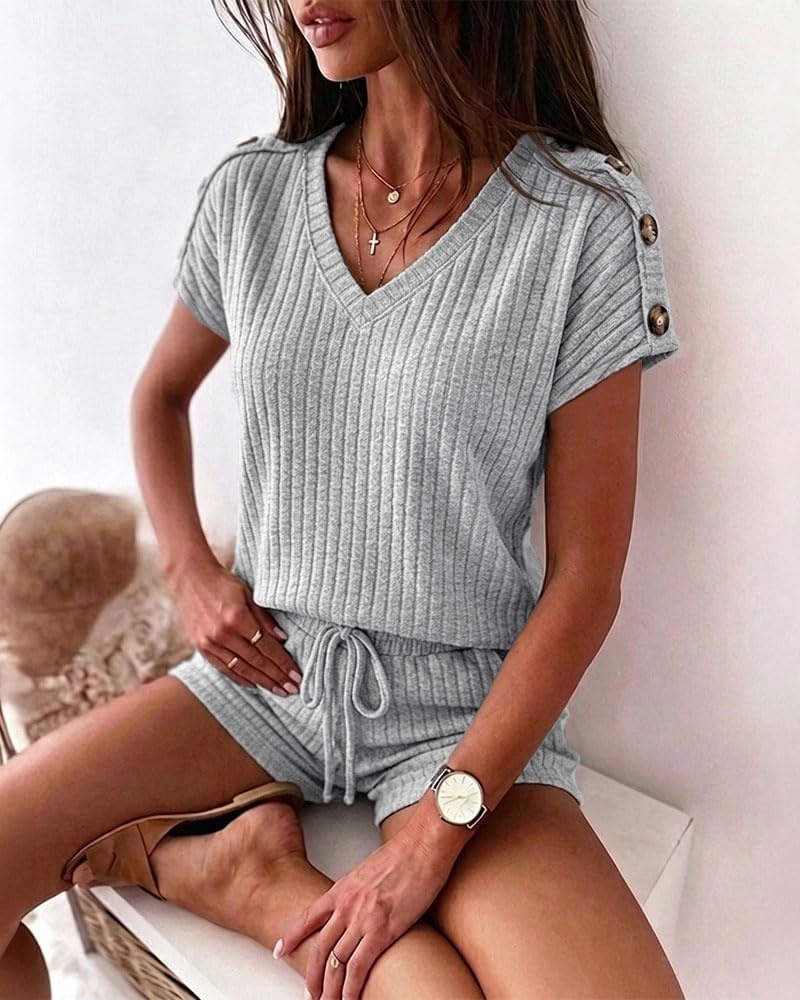 image:imageCHICME 2 Piece Short Sets for Women Ribbed Knit Lounge OutfitsGray