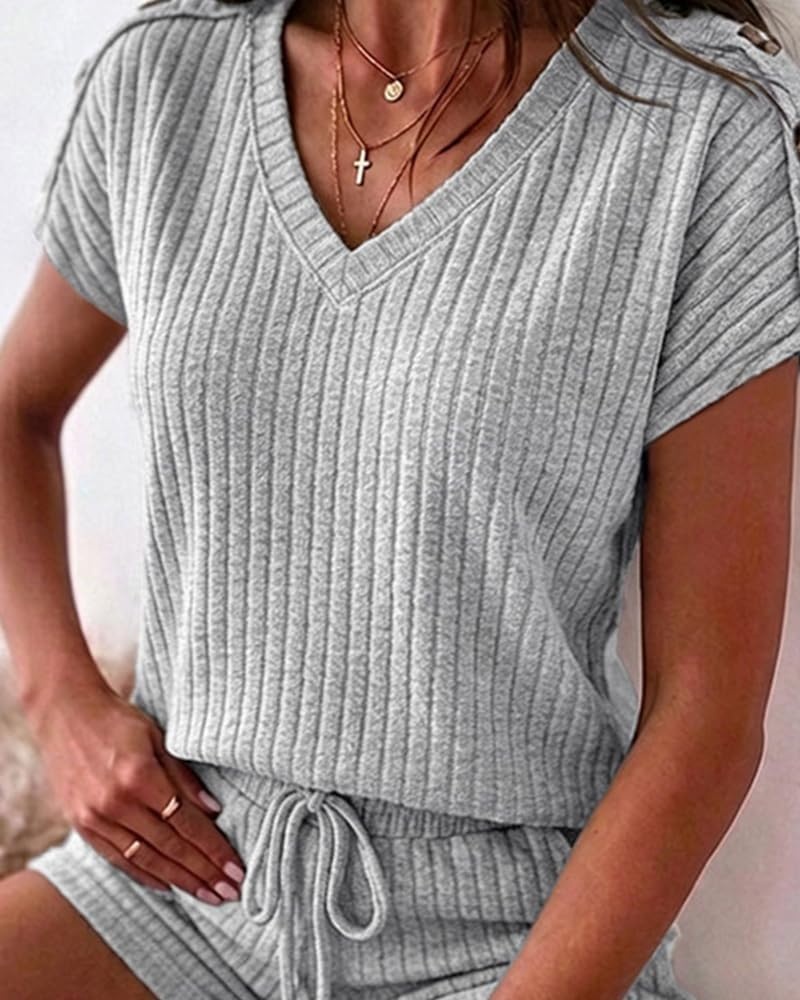 image:imageCHICME 2 Piece Short Sets for Women Ribbed Knit Lounge OutfitsGray