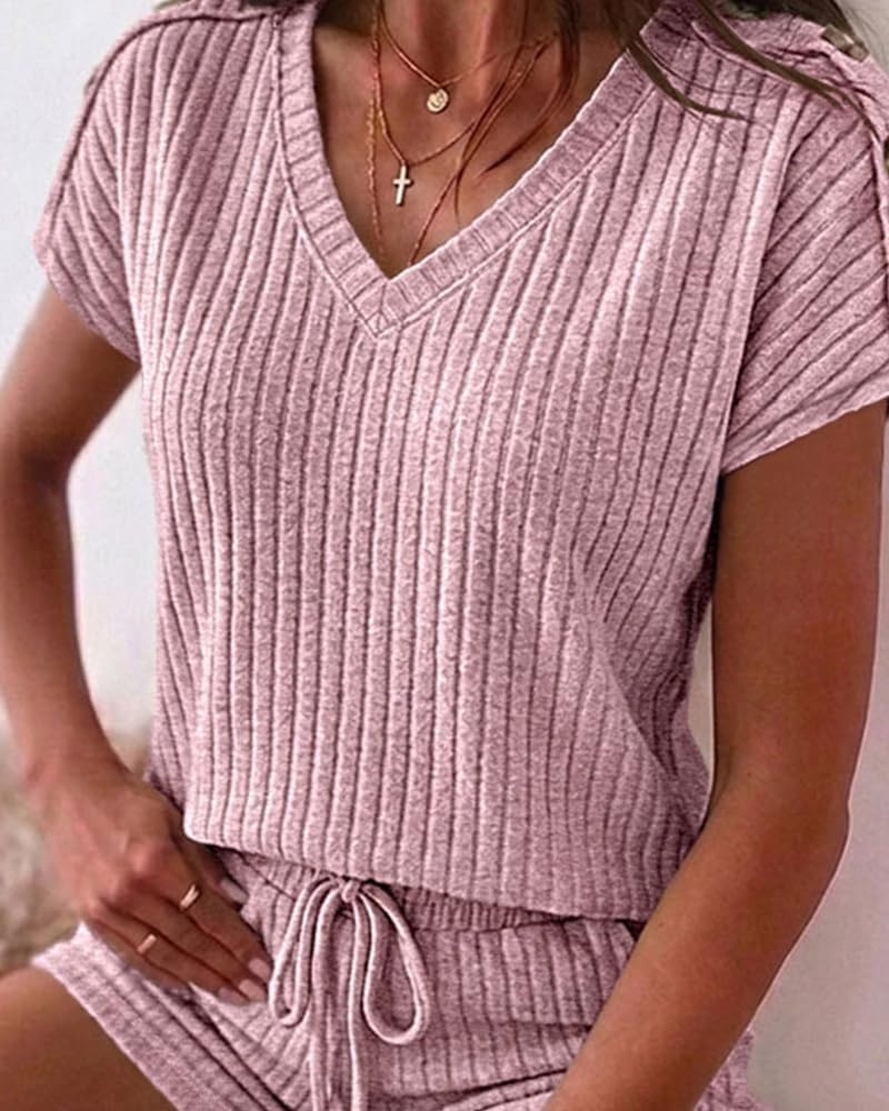 image:imageCHICME 2 Piece Short Sets for Women Ribbed Knit Lounge OutfitsPink