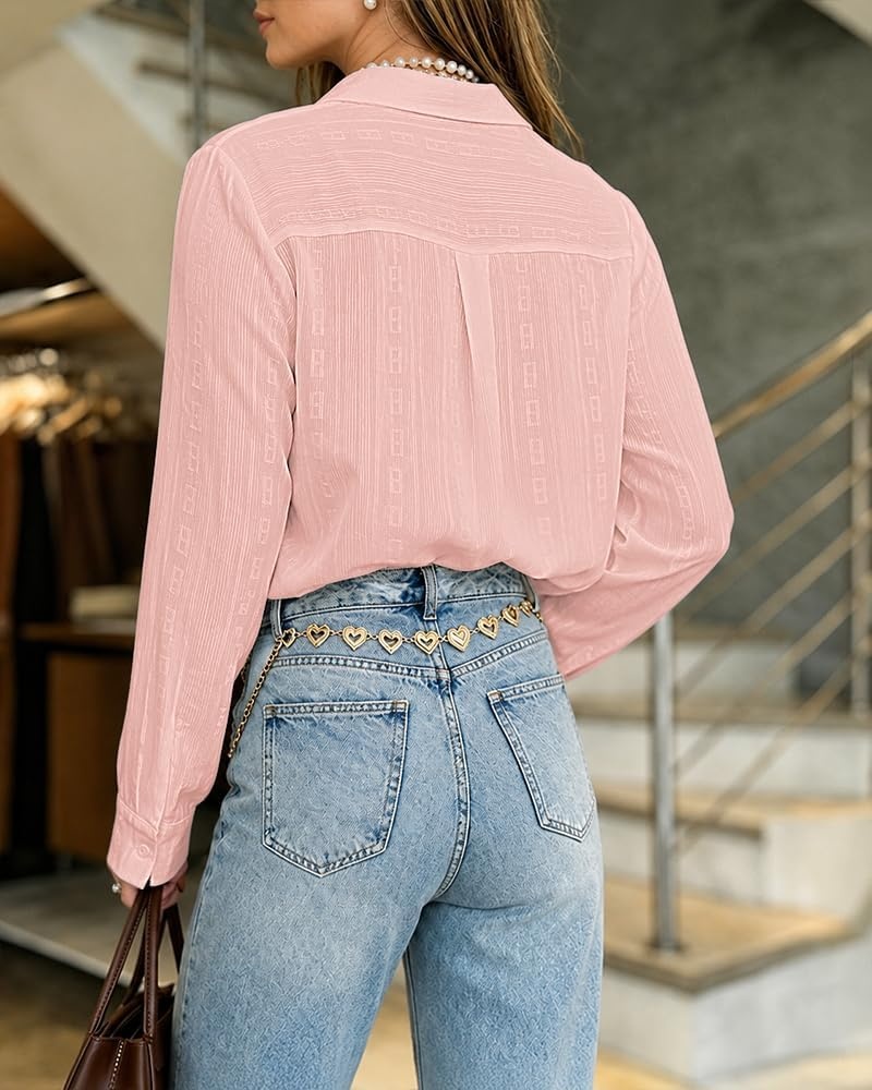 image:imageCHICME Button Down Shirts for Women Textured Blouse with PocketPink