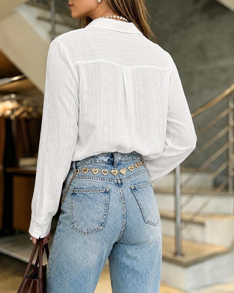 image:imageCHICME Button Down Shirts for Women Textured Blouse with PocketWhite