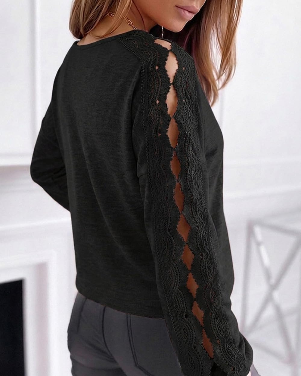 image:imageCHICME Long Sleeve Shirts for Women V Neck Fall Work Lace TopBlack