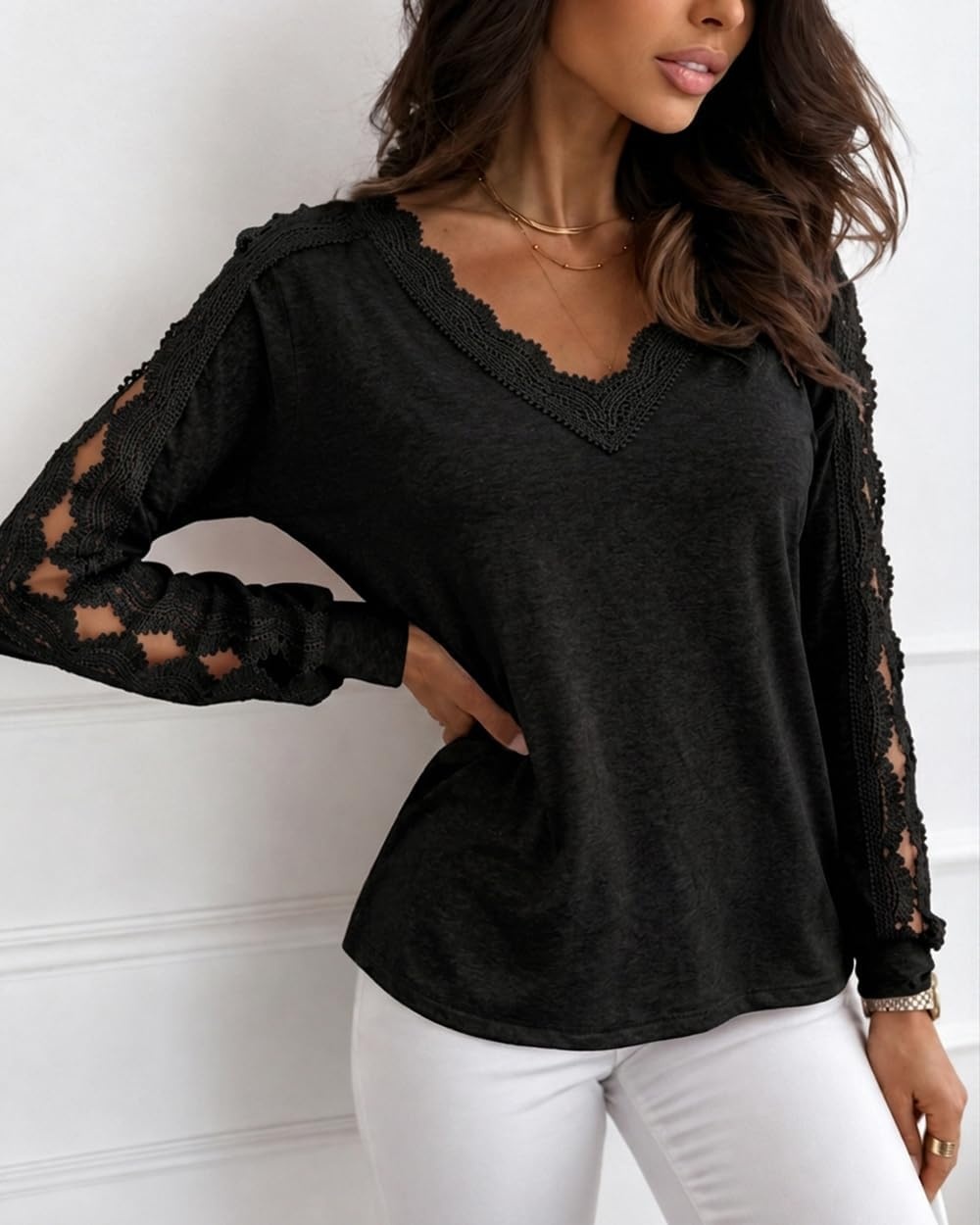 image:imageCHICME Long Sleeve Shirts for Women V Neck Fall Work Lace TopBlack