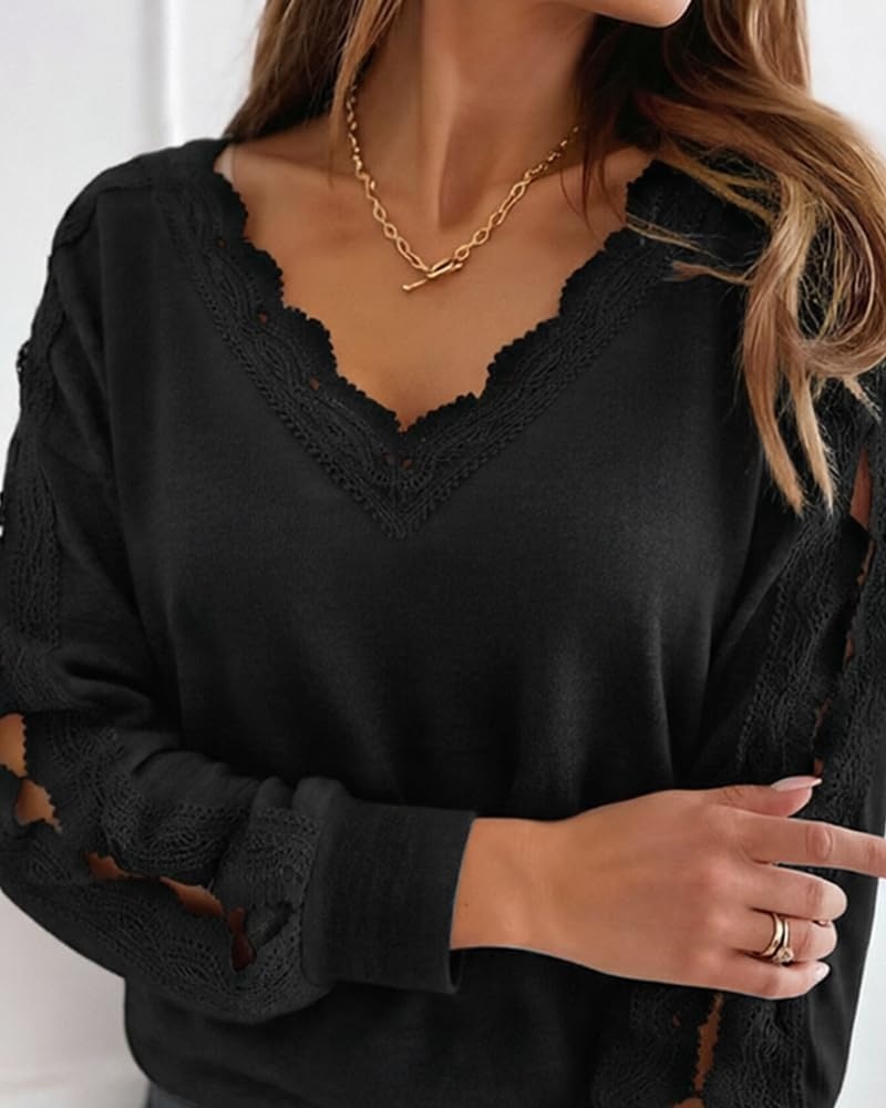 image:imageCHICME Long Sleeve Shirts for Women V Neck Fall Work Lace TopBlack