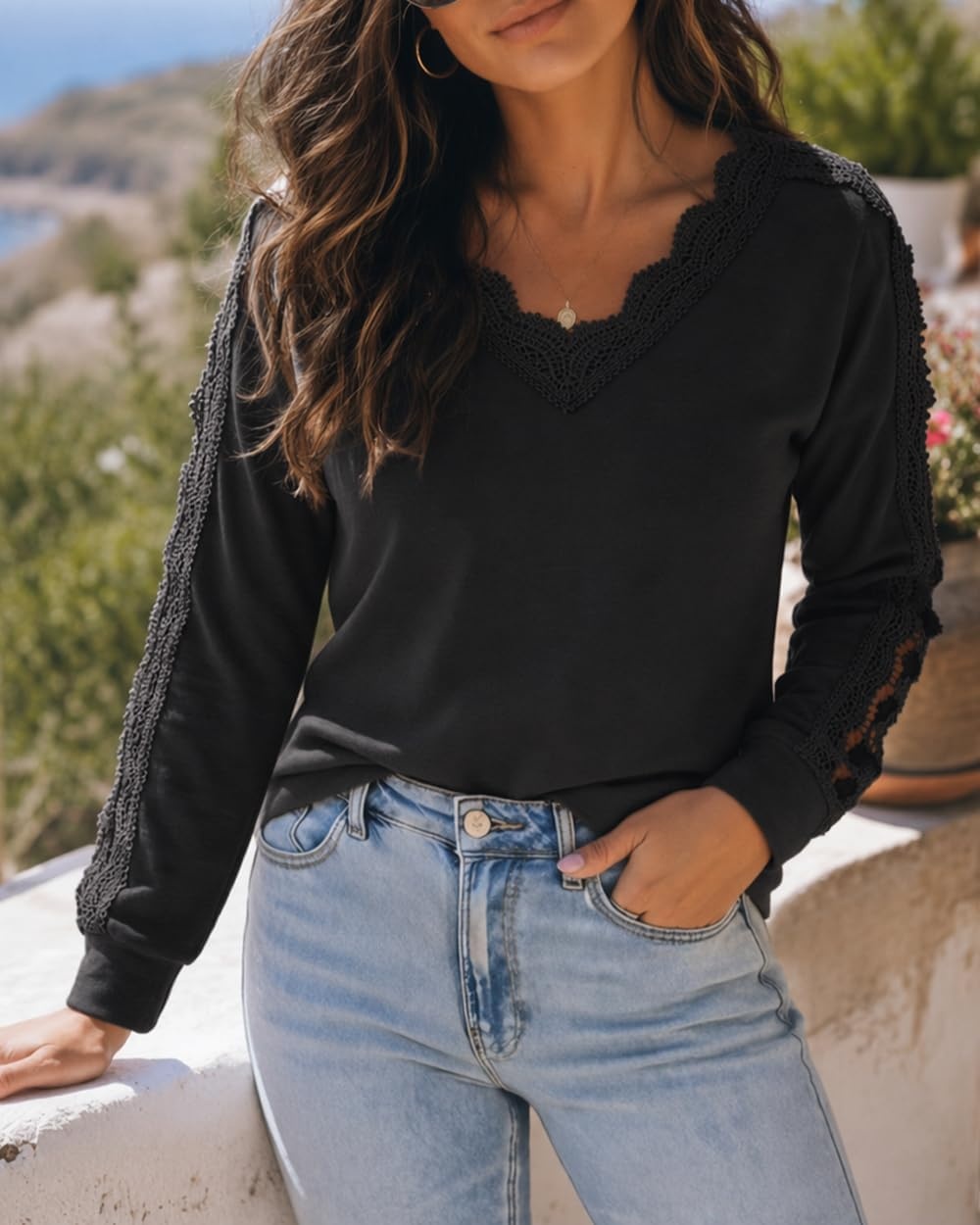 image:imageCHICME Long Sleeve Shirts for Women V Neck Fall Work Lace TopBlack