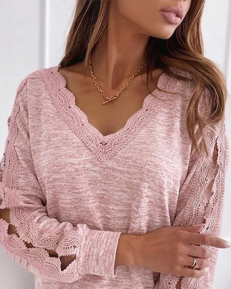 image:imageCHICME Long Sleeve Shirts for Women V Neck Fall Work Lace TopPink