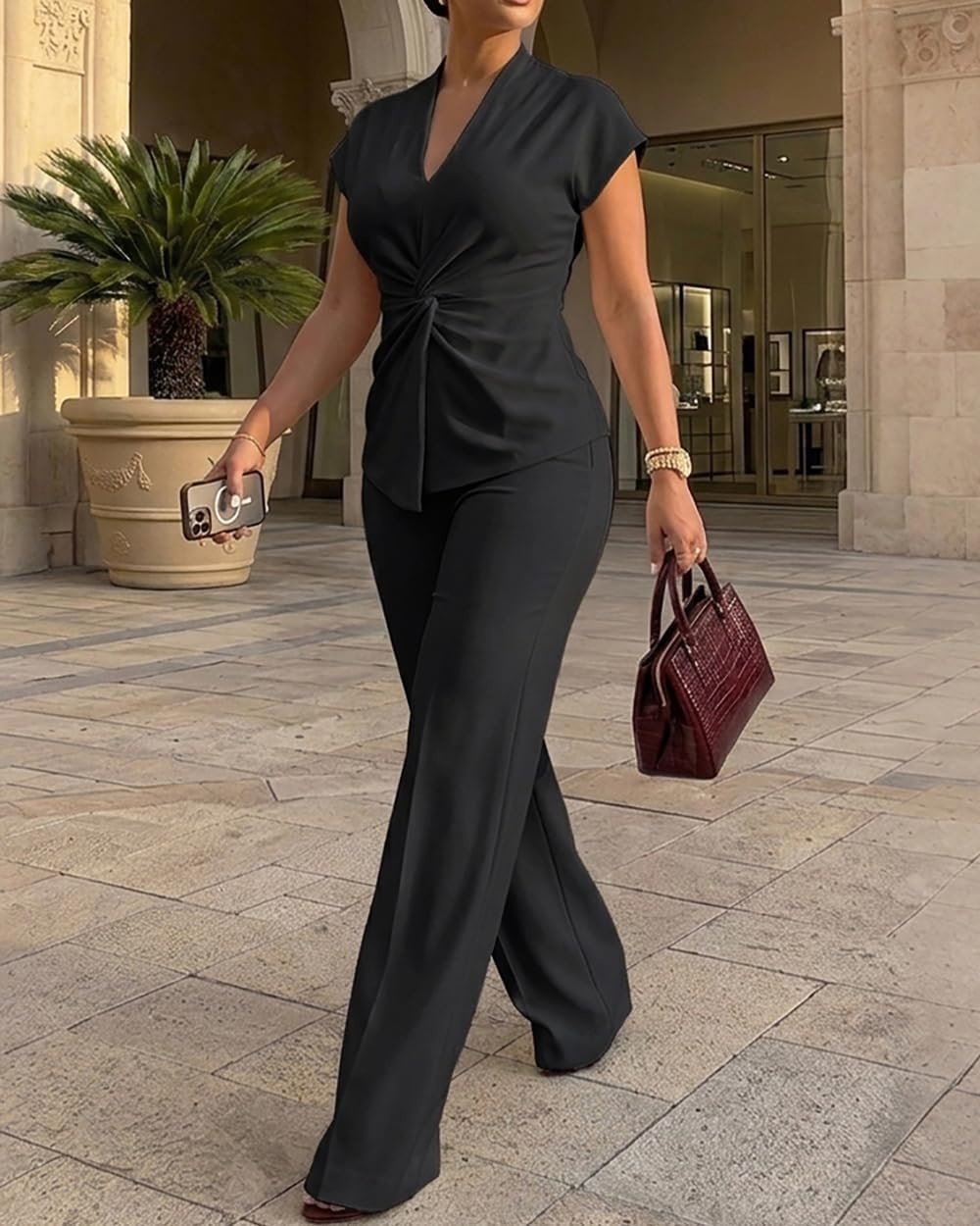 image:imageCHICME Women 2 Piece Outfits Straight Wide Leg Pants Casual SetBlack
