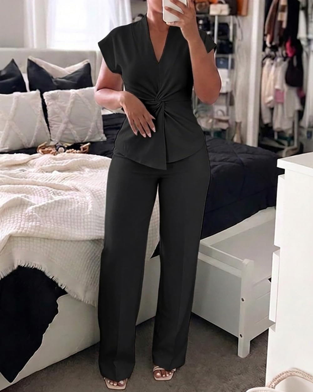 image:imageCHICME Women 2 Piece Outfits Straight Wide Leg Pants Casual SetBlack