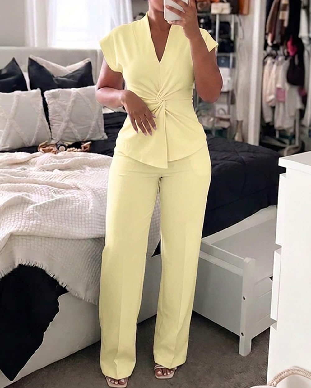 image:imageCHICME Women 2 Piece Outfits Straight Wide Leg Pants Casual SetLight Yellow