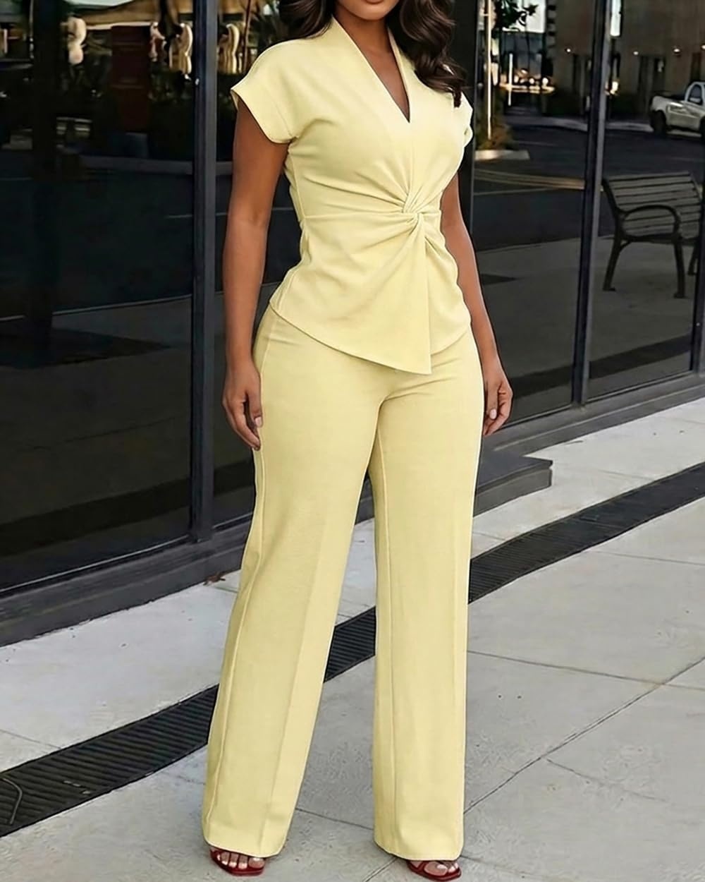 image:imageCHICME Women 2 Piece Outfits Straight Wide Leg Pants Casual SetLight Yellow