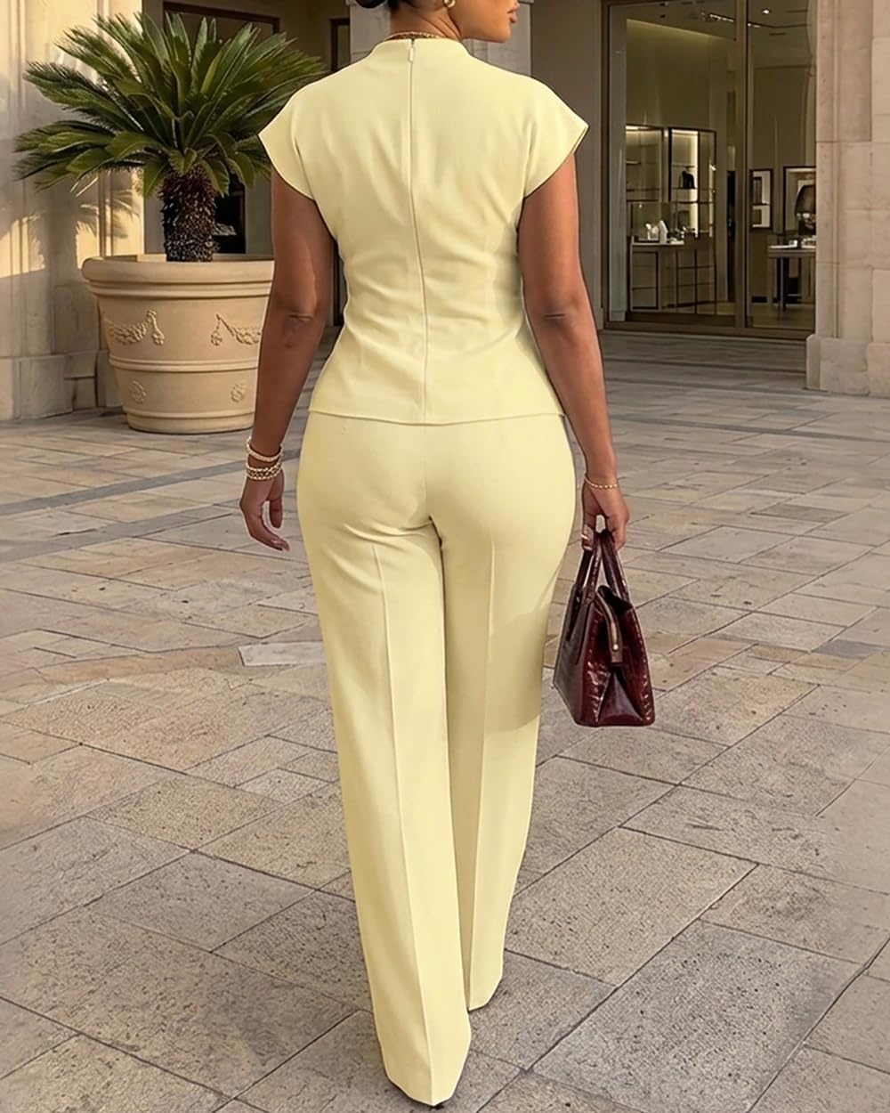 image:imageCHICME Women 2 Piece Outfits Straight Wide Leg Pants Casual SetLight Yellow