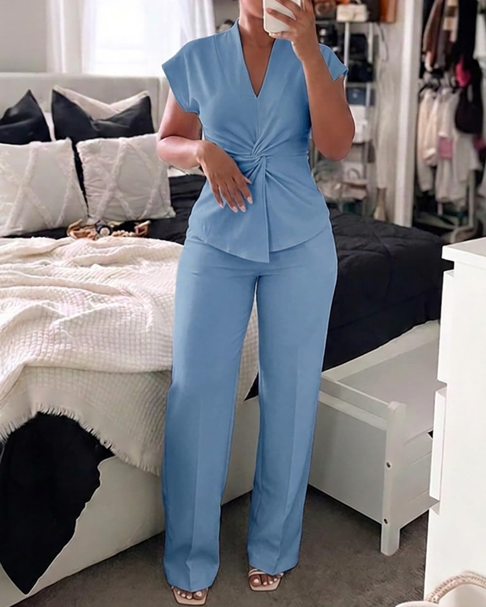 image:imageCHICME Women 2 Piece Outfits Straight Wide Leg Pants Casual SetPurplish Blue
