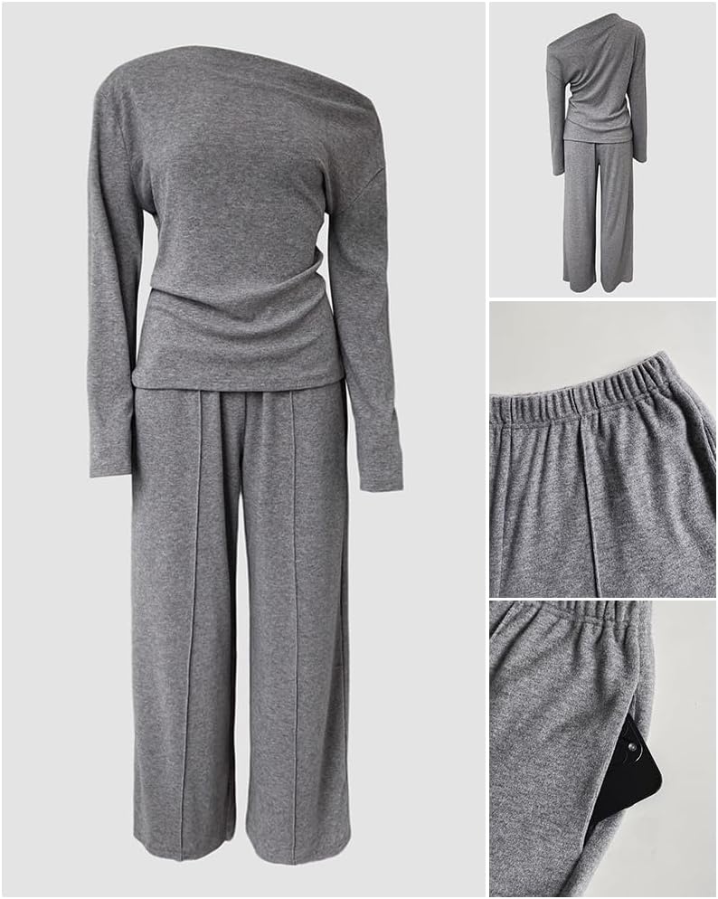 image:imageCHICME Womens 2 Piece Outfit Ribbed Knit Lounge Set Wide Leg Pants SetAgray