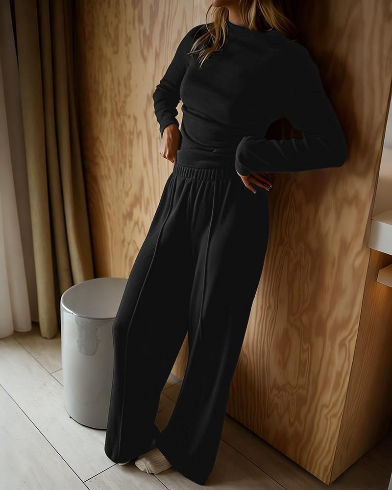 image:imageCHICME Womens 2 Piece Outfit Ribbed Knit Lounge Set Wide Leg Pants SetBlack