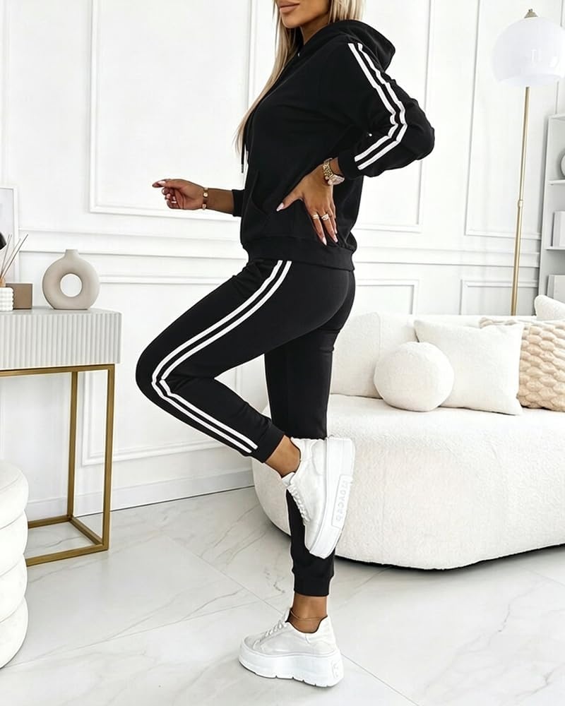 image:imageCHICME Womens 2 Piece Outfits Striped Long Sleeve SweatsuitsBlack