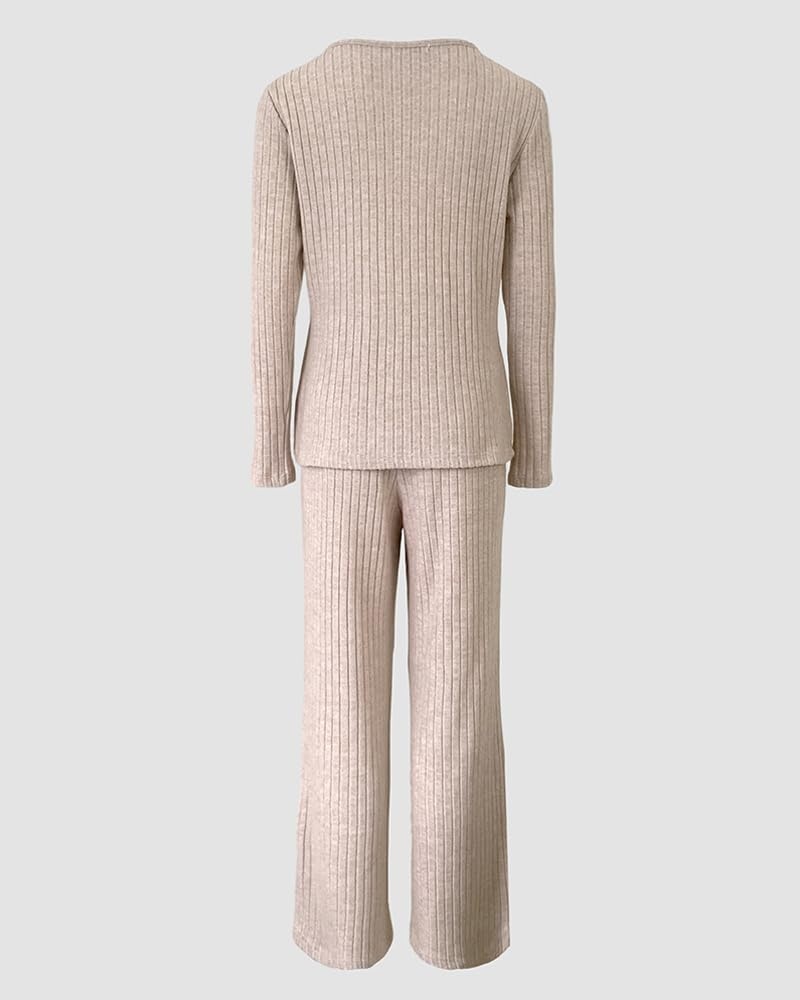 image:imageCHICME Womens 2 Piece Ribbed Knit Lounge Set Wide Leg PantsApricot