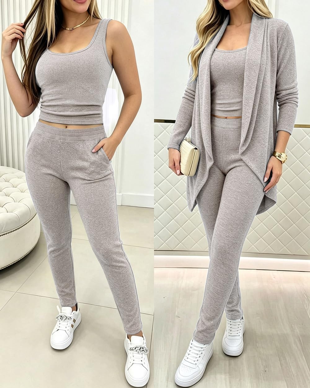 image:imageCHICME Womens 3 Piece Lounge Set Knit Cardigan High Waist Casual Pants SetApricot