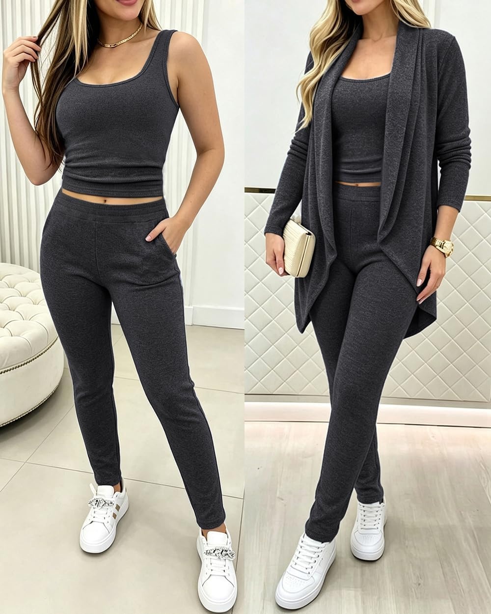 image:imageCHICME Womens 3 Piece Lounge Set Knit Cardigan High Waist Casual Pants SetBlack