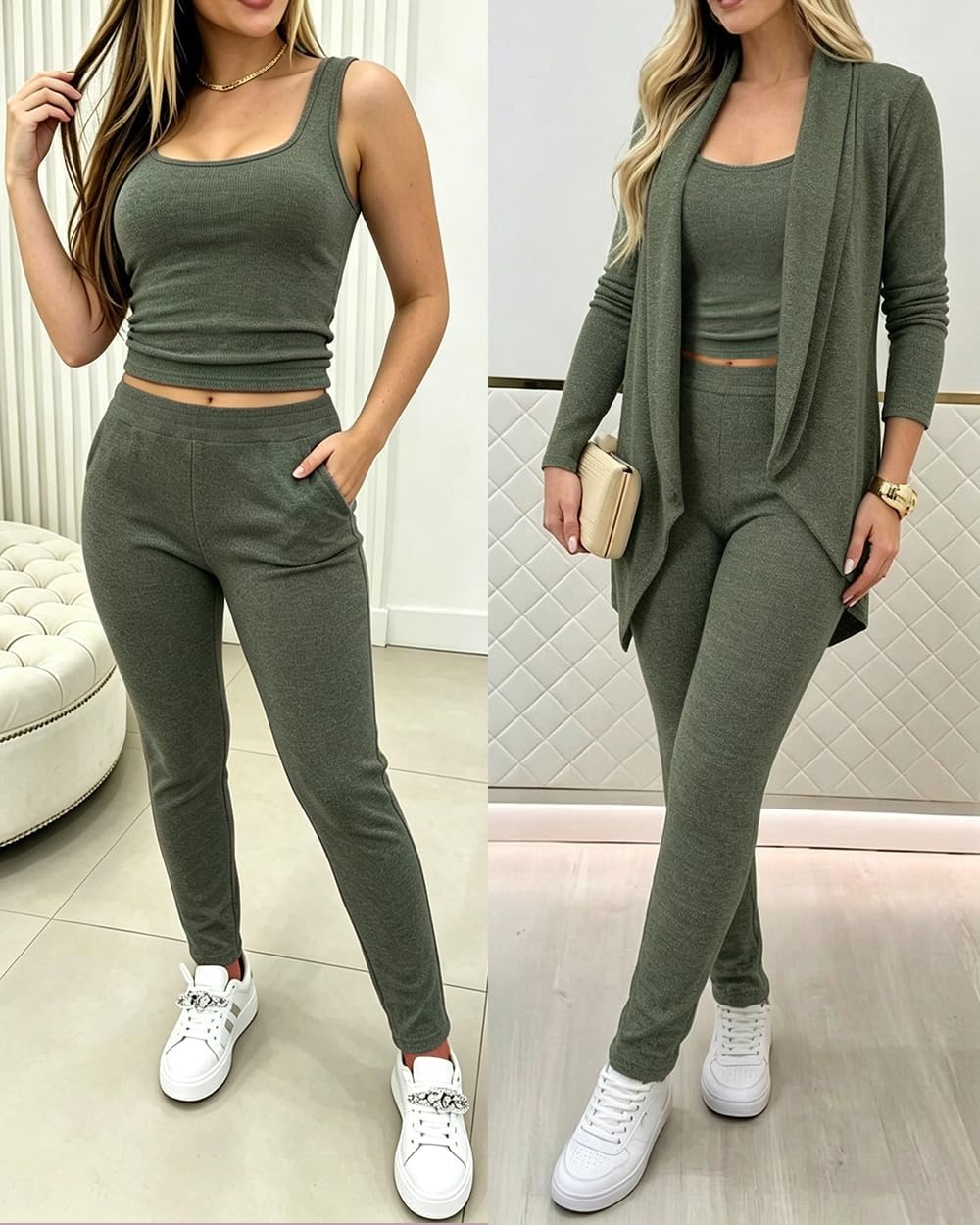 image:imageCHICME Womens 3 Piece Lounge Set Knit Cardigan High Waist Casual Pants SetGreen