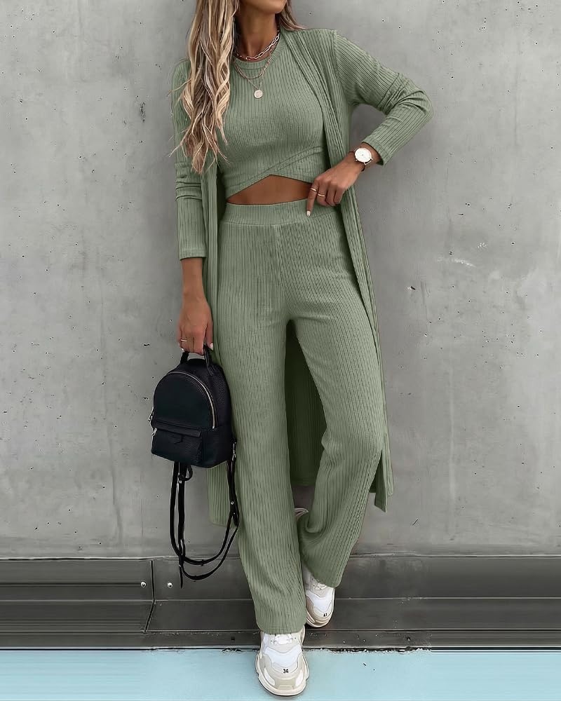 image:imageCHICME Womens 3 Piece Lounge Set Ribbed Cardigan Tank Wide Leg PantArmy Green