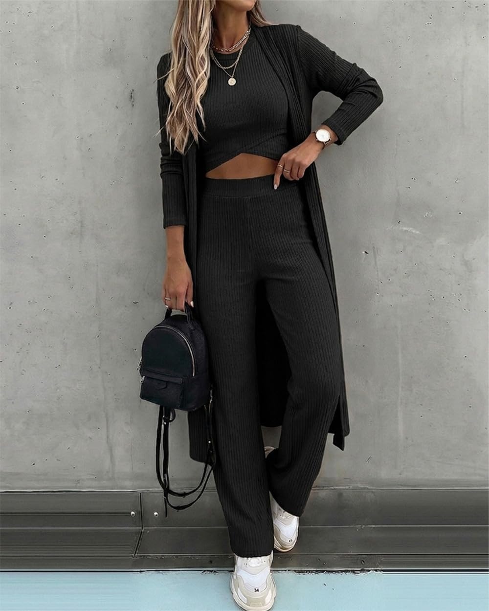 image:imageCHICME Womens 3 Piece Lounge Set Ribbed Cardigan Tank Wide Leg PantBlack