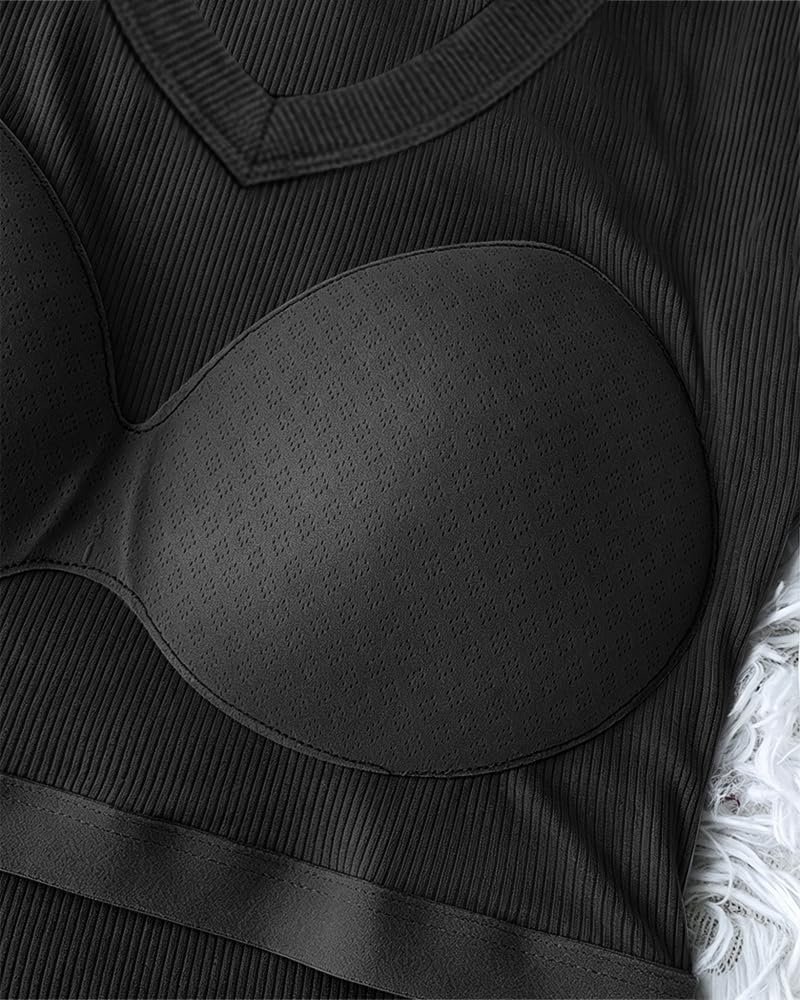 image:imageCHICME Womens Builtin Bra Long Sleeve Ribbed Knit TopBlack