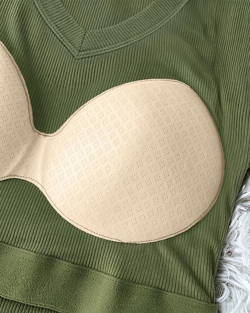 image:imageCHICME Womens Builtin Bra Long Sleeve Ribbed Knit TopCarmy Green