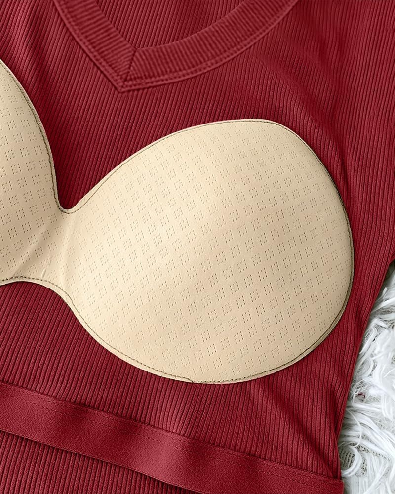 image:imageCHICME Womens Builtin Bra Long Sleeve Ribbed Knit TopEwine Red