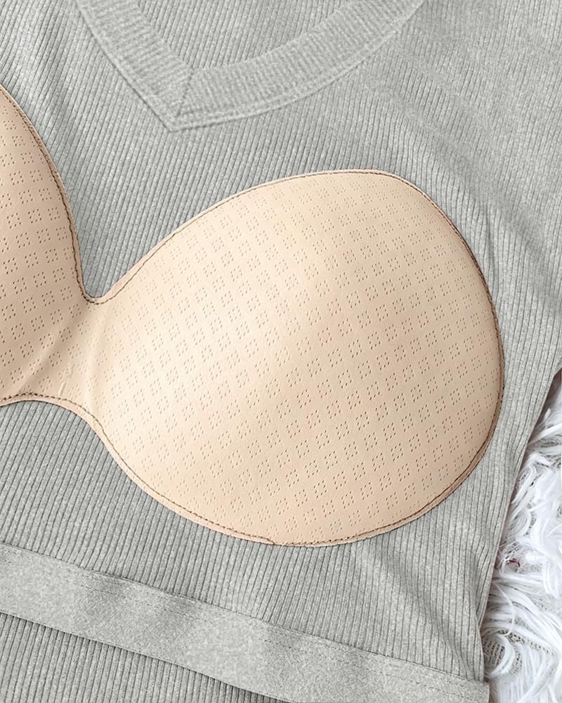 image:imageCHICME Womens Builtin Bra Long Sleeve Ribbed Knit TopFgray
