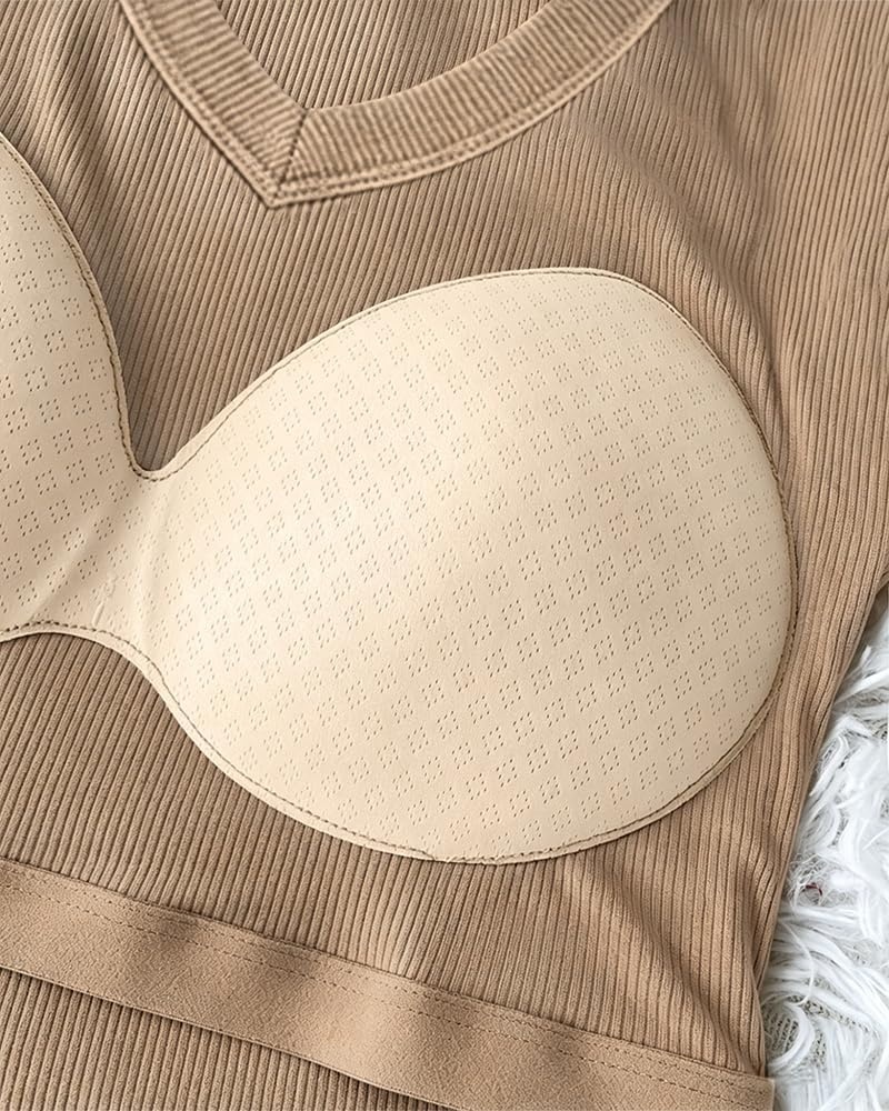 image:imageCHICME Womens Builtin Bra Long Sleeve Ribbed Knit TopGkhaki