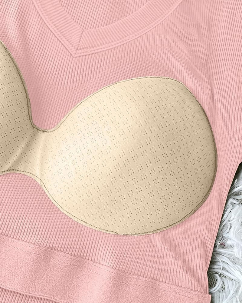 image:imageCHICME Womens Builtin Bra Long Sleeve Ribbed Knit TopHpink