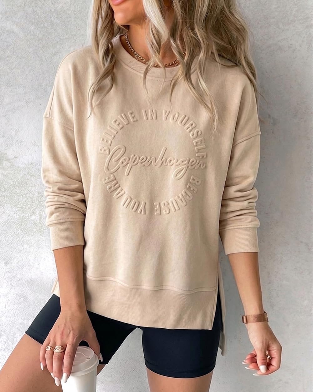 image:imageCHICME Womens Crewneck Sweatshirt Embossed Letter Print Pullover Top Loose Casual Side Slit TopApricot