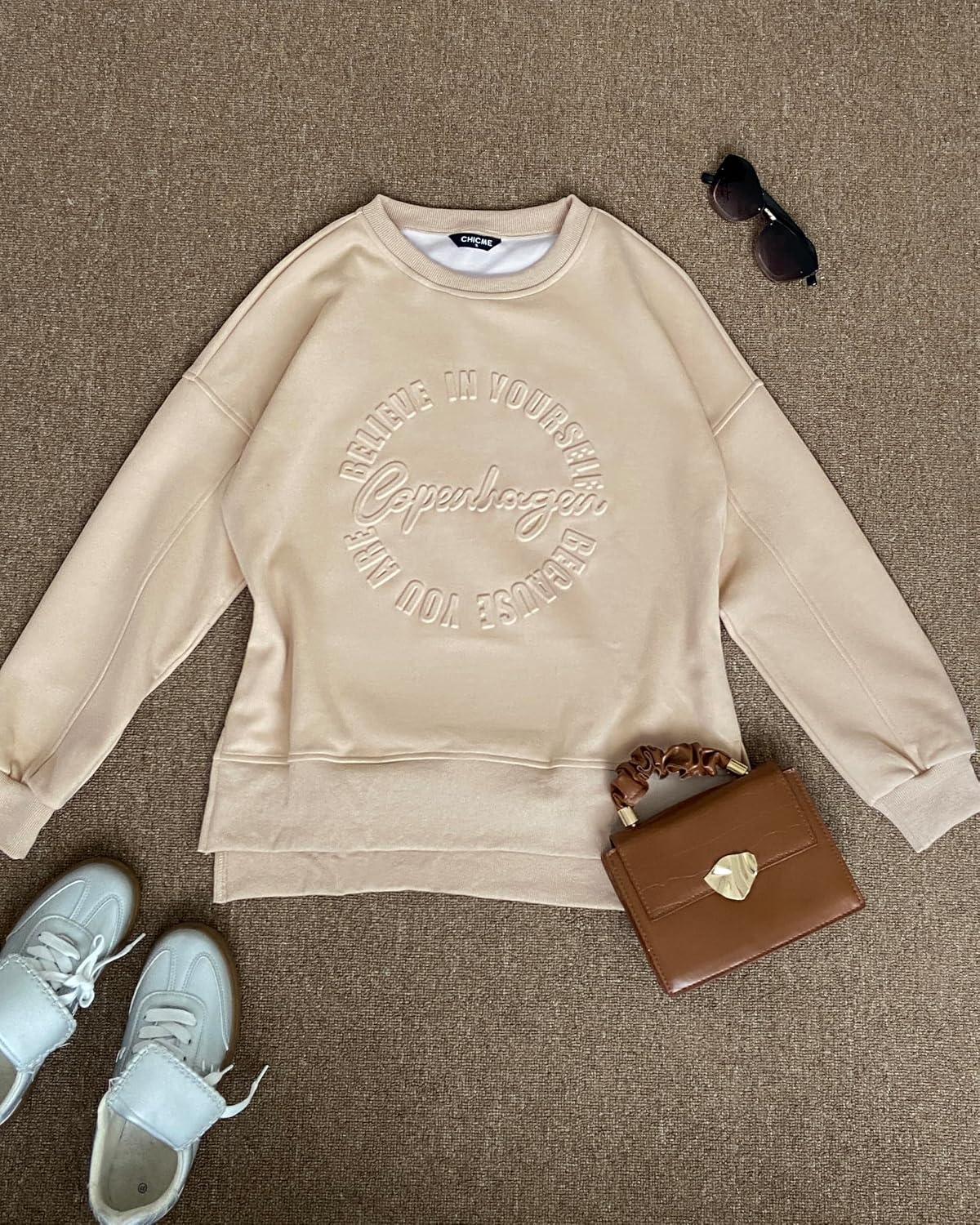 image:imageCHICME Womens Crewneck Sweatshirt Embossed Letter Print Pullover Top Loose Casual Side Slit TopApricot
