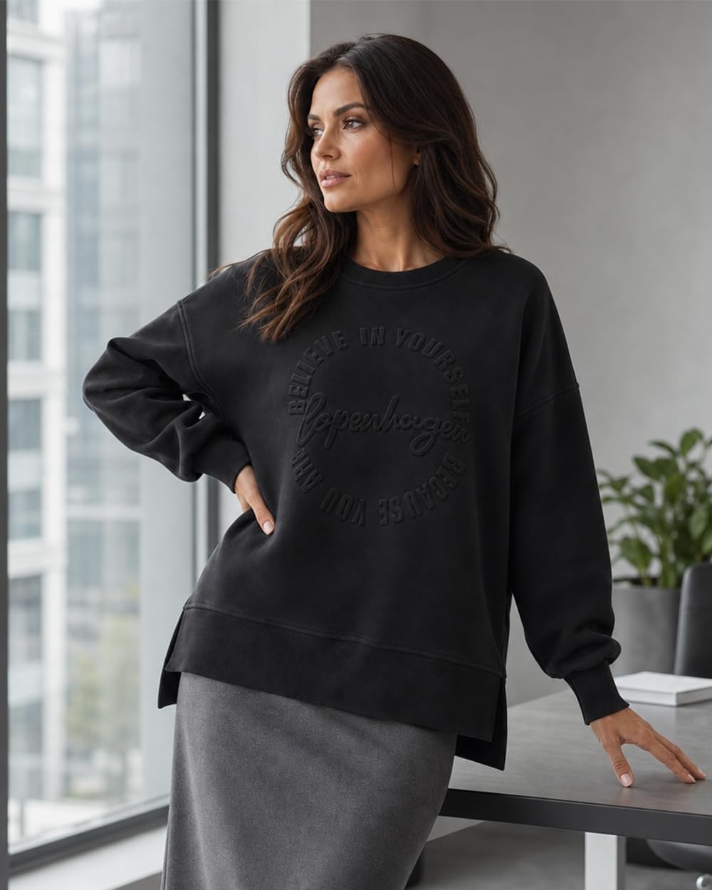 image:imageCHICME Womens Crewneck Sweatshirt Embossed Letter Print Pullover Top Loose Casual Side Slit TopBlack