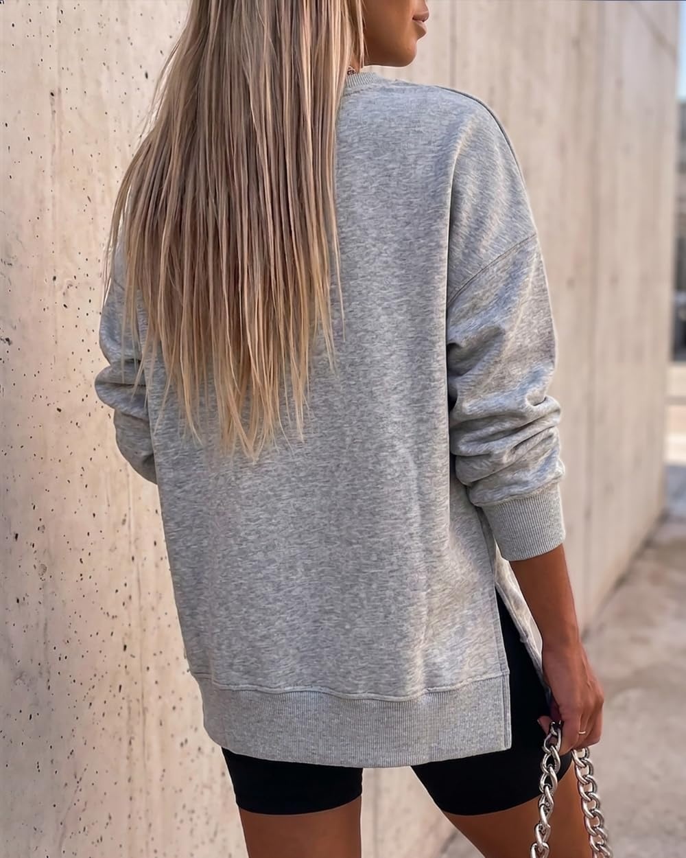image:imageCHICME Womens Crewneck Sweatshirt Embossed Letter Print Pullover Top Loose Casual Side Slit TopGray
