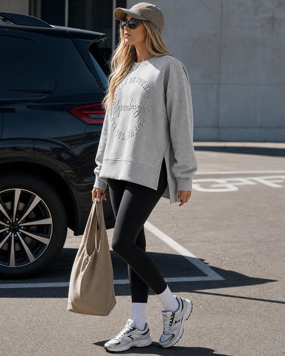 image:imageCHICME Womens Crewneck Sweatshirt Embossed Letter Print Pullover Top Loose Casual Side Slit TopGray