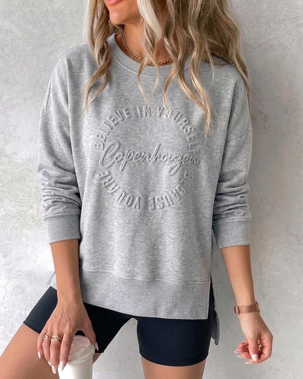 image:imageCHICME Womens Crewneck Sweatshirt Embossed Letter Print Pullover Top Loose Casual Side Slit TopGray