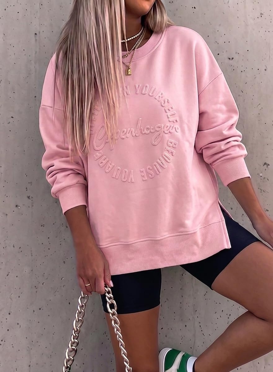 image:imageCHICME Womens Crewneck Sweatshirt Embossed Letter Print Pullover Top Loose Casual Side Slit TopPink