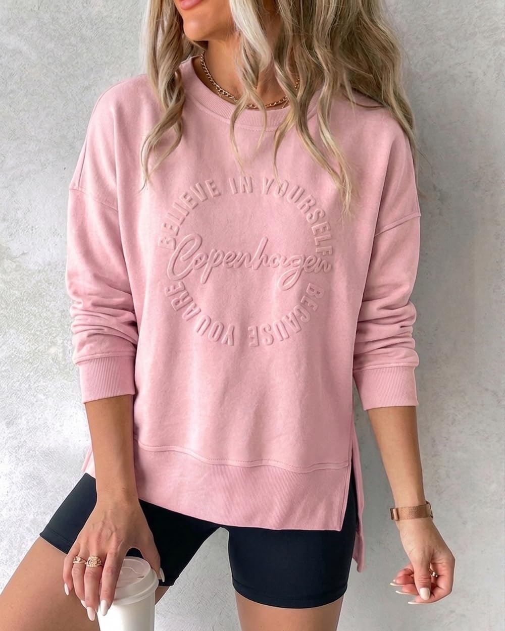 image:imageCHICME Womens Crewneck Sweatshirt Embossed Letter Print Pullover Top Loose Casual Side Slit TopPink