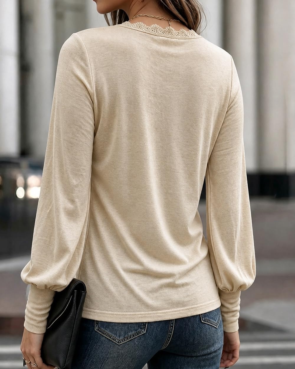 image:imageCHICME Womens Long Sleeve Dressy Casual Lace Trim VNeck Basic TopsAapricot