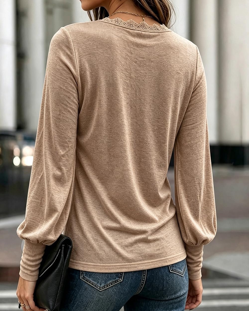image:imageCHICME Womens Long Sleeve Dressy Casual Lace Trim VNeck Basic TopsCoffee