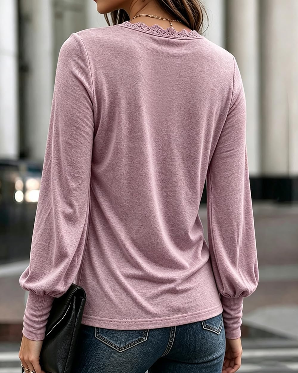 image:imageCHICME Womens Long Sleeve Dressy Casual Lace Trim VNeck Basic TopsPink