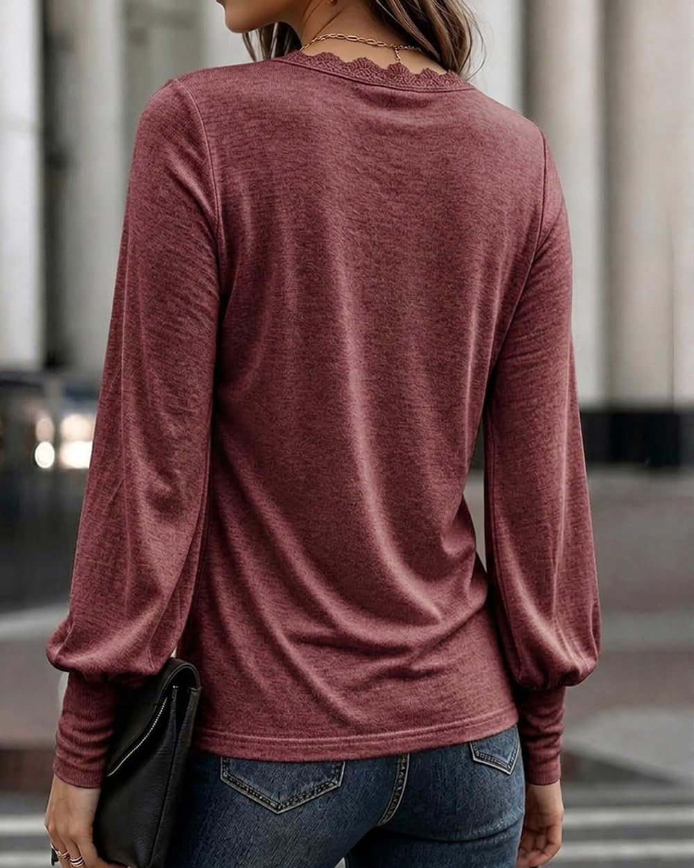 image:imageCHICME Womens Long Sleeve Dressy Casual Lace Trim VNeck Basic TopsWine Red