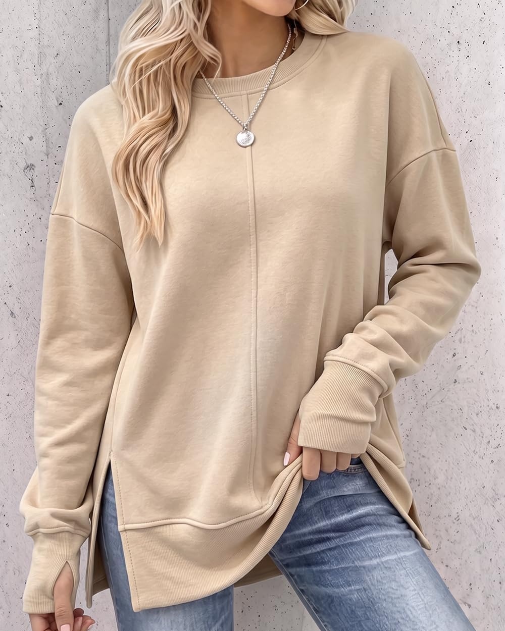 image:imageCHICME Womens Oversized Sweatshirt Crewneck Side Slit Pullover TopAkhaki
