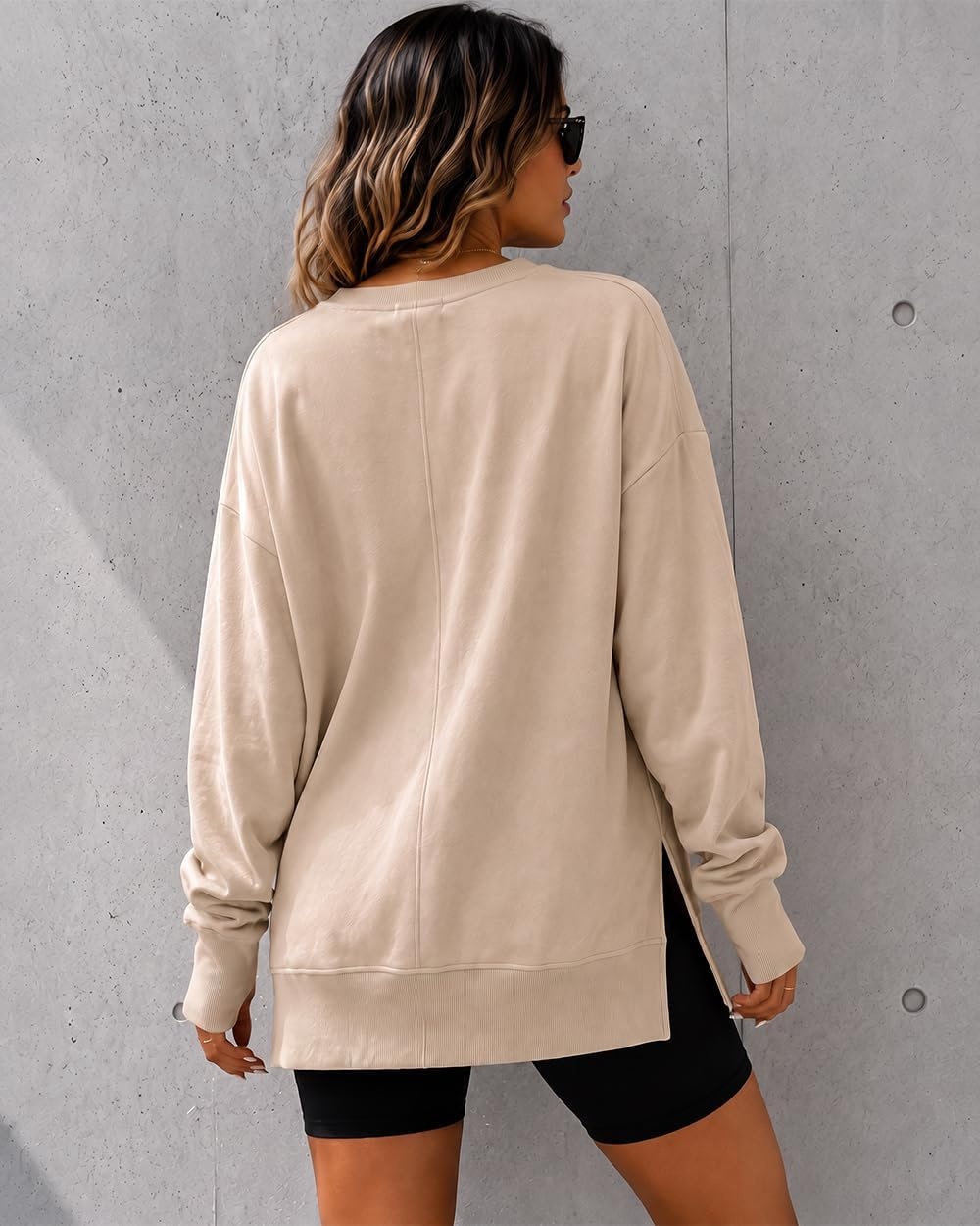 image:imageCHICME Womens Oversized Sweatshirt Crewneck Side Slit Pullover TopAkhaki