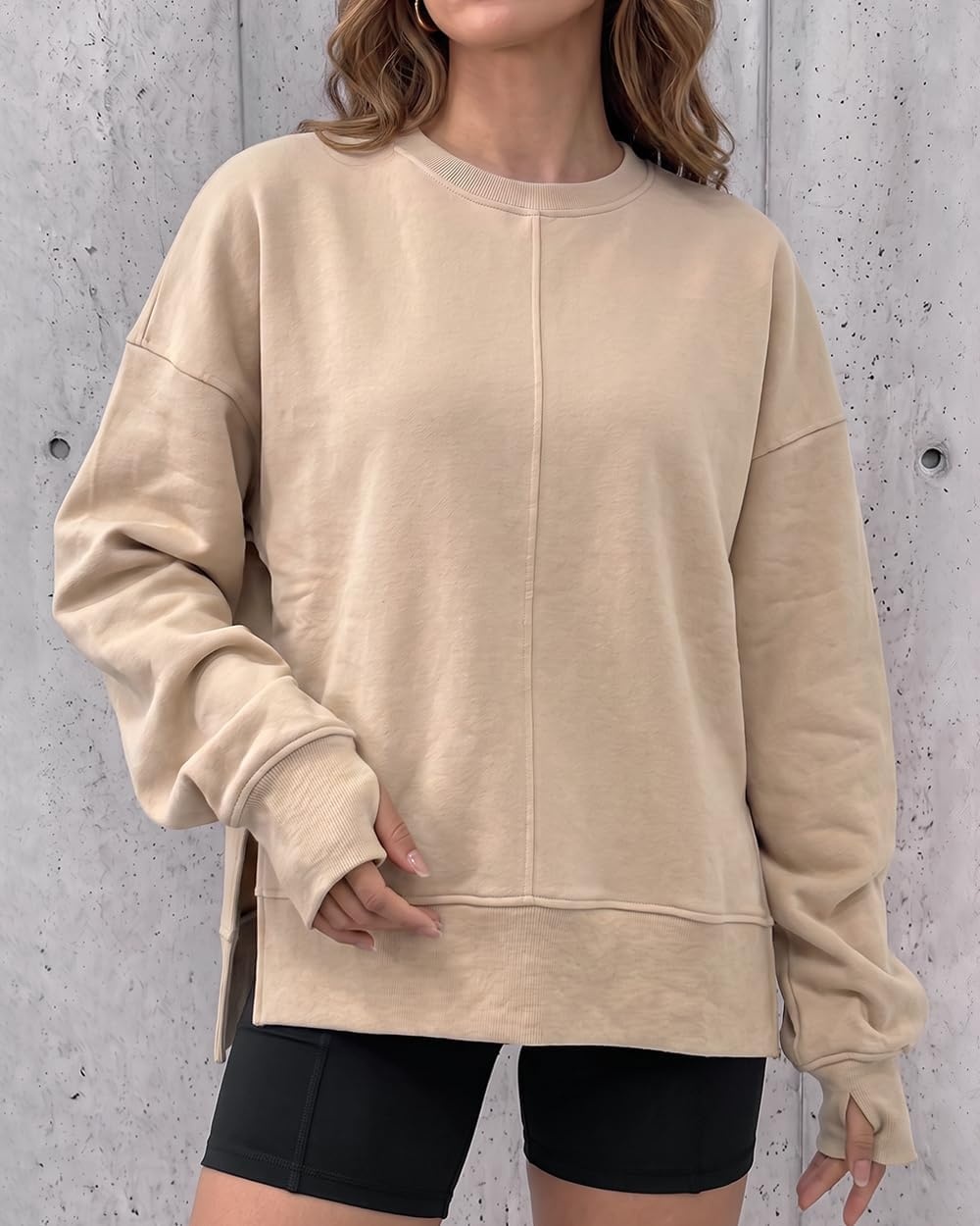 image:imageCHICME Womens Oversized Sweatshirt Crewneck Side Slit Pullover TopAkhaki