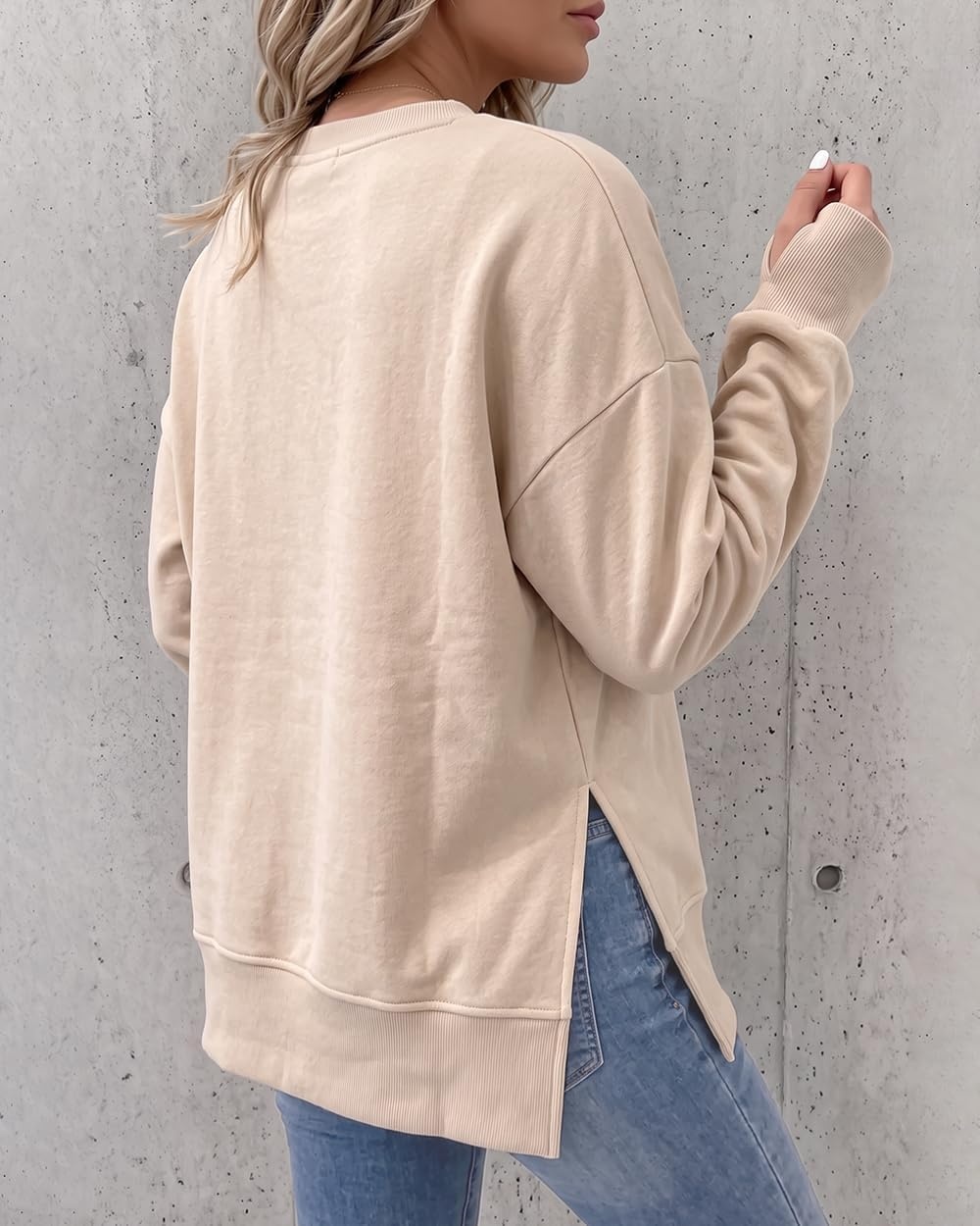 image:imageCHICME Womens Oversized Sweatshirt Crewneck Side Slit Pullover TopAkhaki